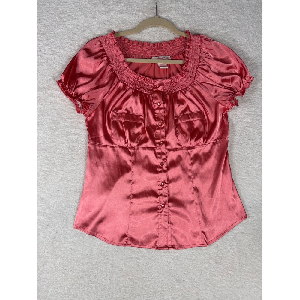 Candie's Satin Blouse Womens Large Pink Excellent Smocked Puff Sleeve Y2K Top